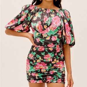 For Love and Lemons Jolie Mini Dress, Ruched Floral Print, Balloon Sleeve